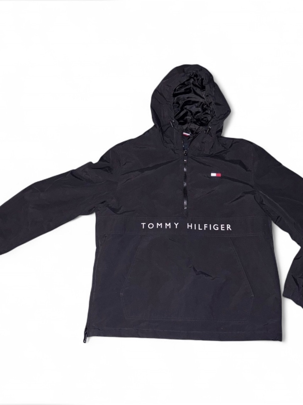 Men’s Tommy Hilfiger Black Pullover Water-Resistant Anorak Hooded Jacket Medium